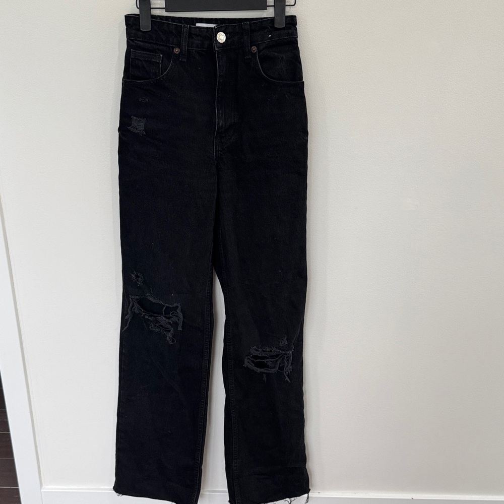 Zara black wide leg high rise distressed school casual 100% cotton jeans size 0